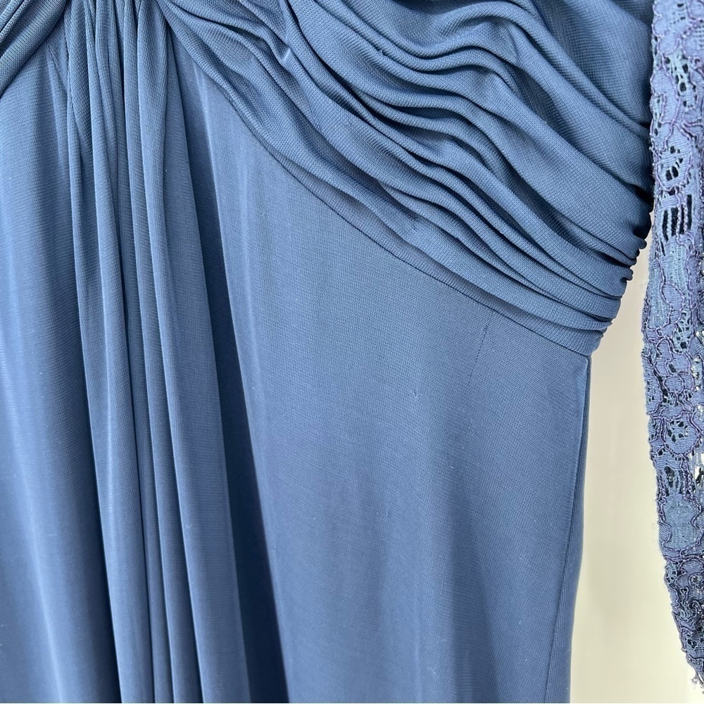 Alex Evenings Navy Blue Ruched Twist Column Bodice Lace Sleeve Maxi Dress Gown - Picture 13 of 14